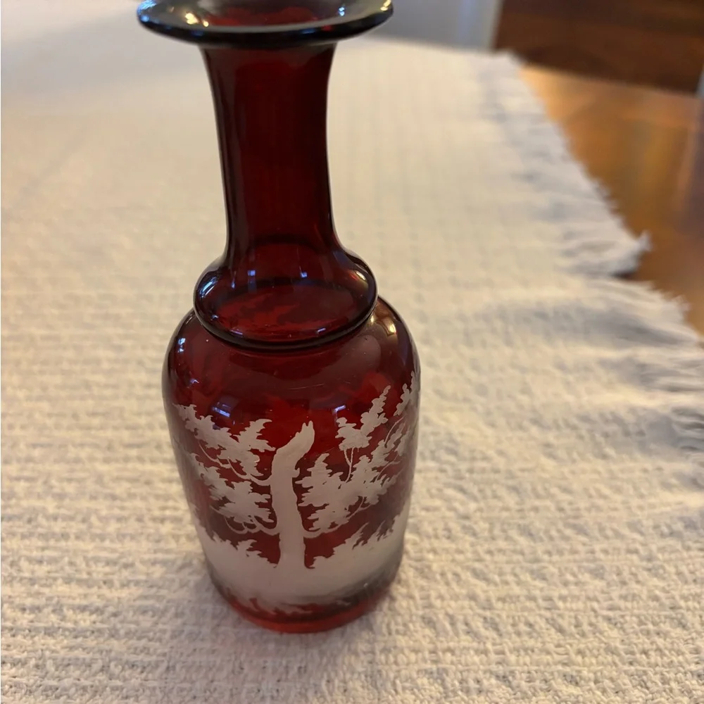 Vintage/Antique dark cranberry forest pattern/hunting motif/trees/deer scene.